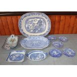 A 19th century proto-willow pattern shaped dish, another similar, a "Willow" pattern turkey platter,