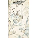 A Chinese silk panel with figures in boats, a "Mandarin sleeve" and a silk figure of a warrior