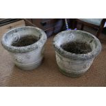 A pair of cast stone planters with Tudor rose decoration, 17" dia x 13" high