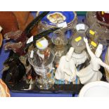 Eight miniature oil lamps, four glass birds and other decorative items
