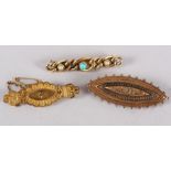 A late 19th century yellow metal, pearl and turquoise set bar brooch and two other yellow metal
