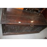 An 18th century oak panel front coffer, now converted as a drop front cupboard, 52" wide