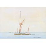 Desmond Harradine: watercolours, study of a Thames barge, 4" x 6", in burr maple frame, E Griffis: