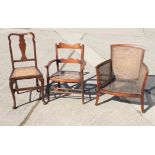 Two polished as walnut cane seat and back elbow chairs and a similar bedroom chair