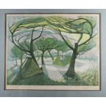 Arthur Holmeslaw: linocut, "Spring Orchard", 13/55, in strip frame