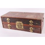 A 19th century Chinese hardwood box with brass fittings and two drawers, 17 1/4" wide