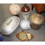 An aluminium fish kettle, a brass coal bin, a globe lamp, a gilt framed mirror and a Gaymers Cyder