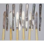 A set of six silver fish knives with ivory handles and a set of six Continental white metal