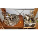 A canteen of silver plated cutlery, two plated teapots, a toast rack, two silver salts, thimbles and