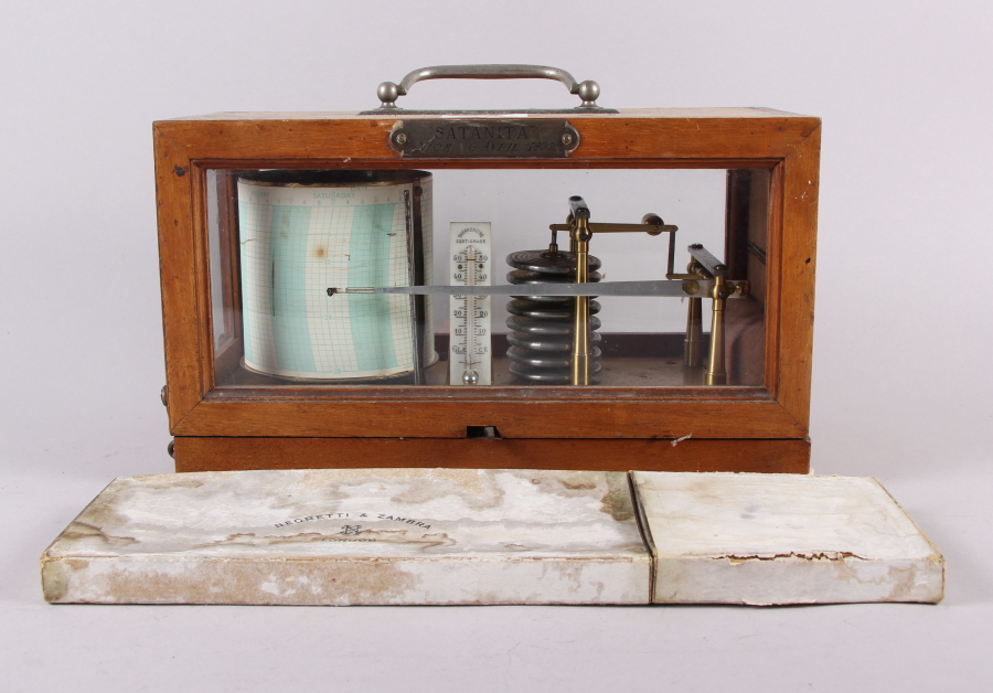 A Barograph, in walnut case with plaque "Satanita, Nice, 6 Avril 1896", and graph paper, in box