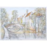 A limited edition print, 22/100, river scene with bridge and houses, indistinctly signed, in green
