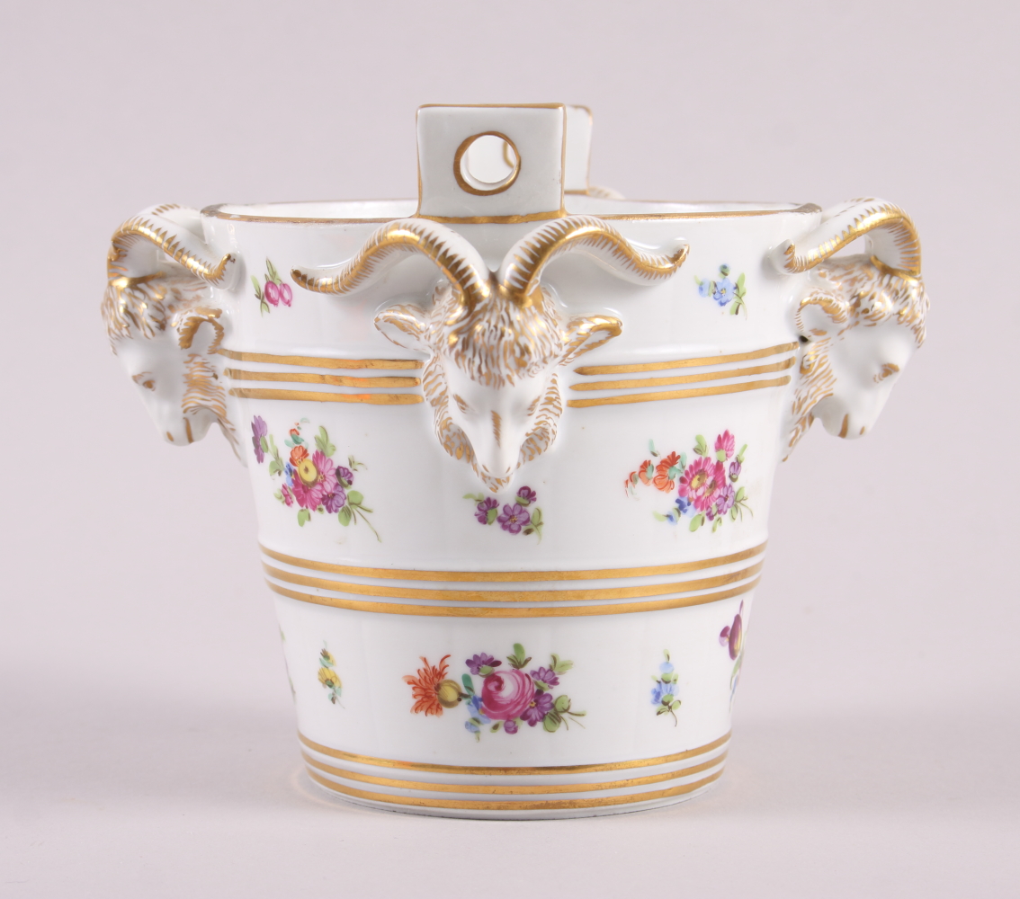 A Dresden porcelain cache pot with ram's head handles and floral decoration, 5 1/2" high - Image 2 of 5