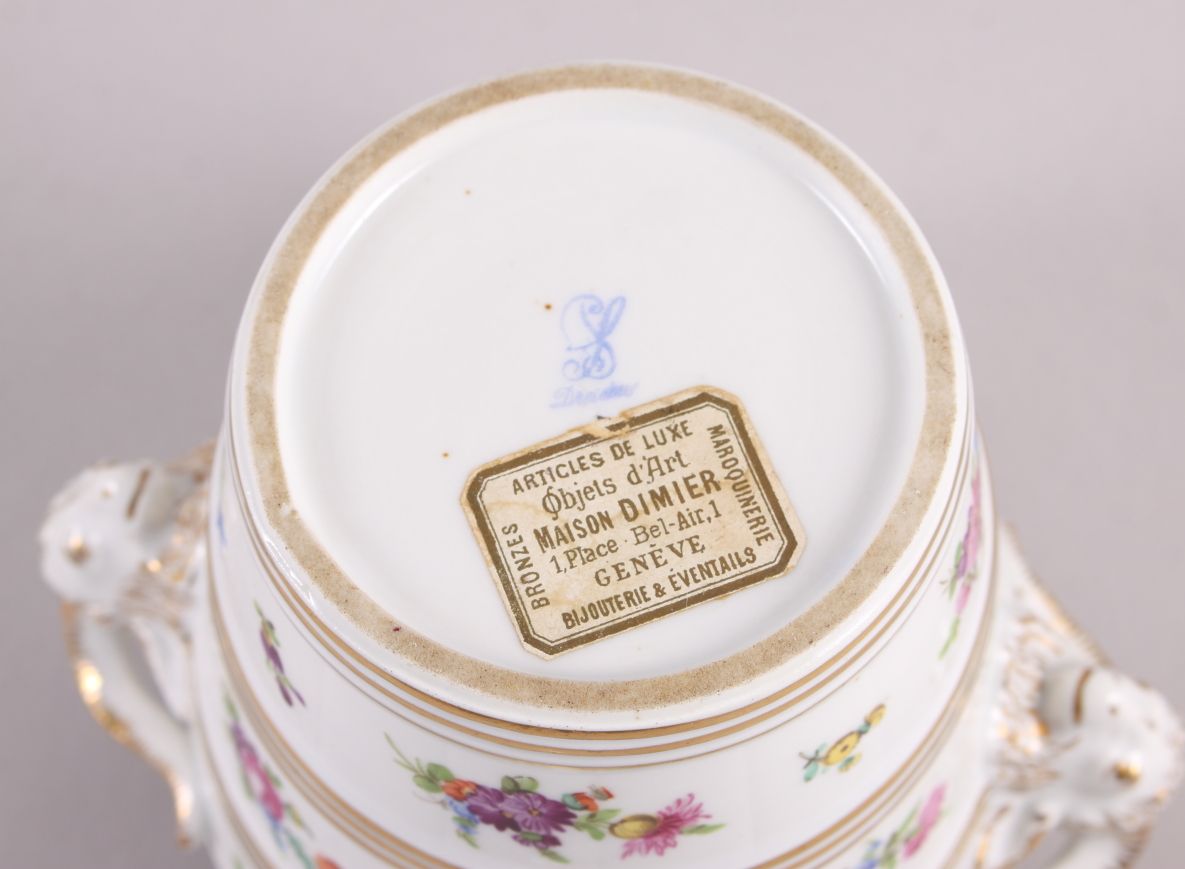 A Dresden porcelain cache pot with ram's head handles and floral decoration, 5 1/2" high - Image 4 of 5