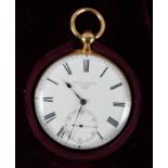 An 18ct gold cased open faced pocketwatch with white enamel dial, Roman numerals and subsidiary