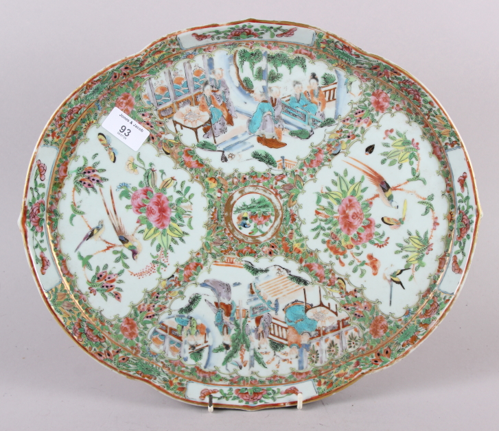 A Canton tray, decorated panels with figures, birds and flowers, 15 3/4" wide