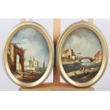 A pair of 19th century Italian oil on boards, Venetian scenes, 8 1/2" x 6 1/2", in oval gilt frames
