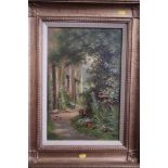 Joseph Wrightson McIntyre: oil on board, garden scene, 17" x 11", in gilt frame