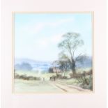 Peter Robinson: two watercolour landscapes, "Farm Track", 13" x 13", and riverside cottage, 10" x 14