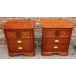 A pair of "Exigence" cherrywood Art Deco design bedside chests of three drawers, 25 1/2" wide x 18