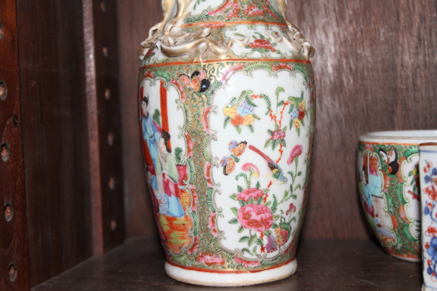 A Canton enamel two-handled baluster vase with gilt decoration, 9 1/2" high, a similar pot ( - Image 34 of 43