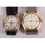 A gentleman's Roamer wristwatch in 9ct gold cushion case, silvered dial with Arabic numerals and