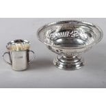 A silver miniature tyg, 0.9oz troy approx, and a pierced silver bonbon dish, 1.9oz troy approx