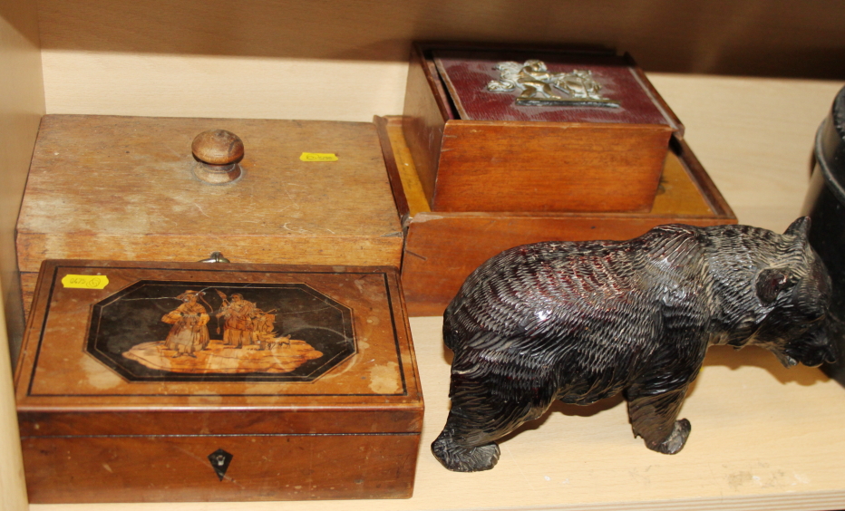 An oak sewing box, a mahogany sliding lid box, containing a quantity of bobbins, a resin model bear,