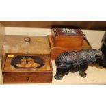 An oak sewing box, a mahogany sliding lid box, containing a quantity of bobbins, a resin model bear,