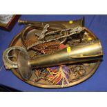 An Art Nouveau brass two-handled vase, 11" high, a brass bugle, a brass easel, a tray, a gilt framed