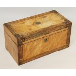 An early 19th century satinwood and rosewood banded tea caddy with gilt decoration and brass mounts,