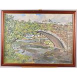 Montague Leder: oil on canvas, figures on a stone bridge, 16 3/4" x 23", in strip frame