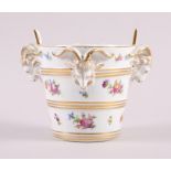 A Dresden porcelain cache pot with ram's head handles and floral decoration, 5 1/2" high (handles