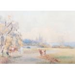 L A Coates: watercolours, cows by a river, 10" x 14", in gilt strip frame, and an oil on canvas