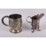 A silver christening mug, 3.1oz troy approx, and a silver plated cream helmet