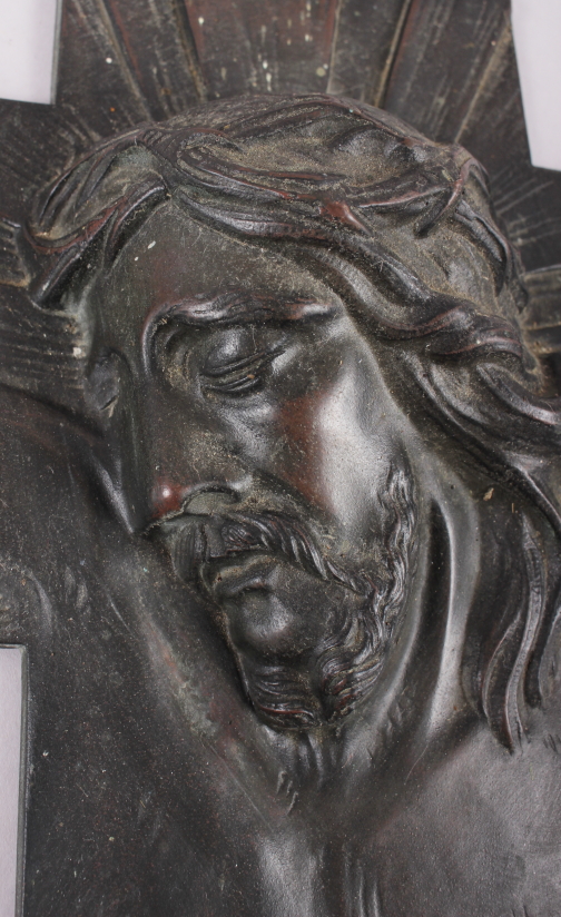 An Art Deco bronze relief cross cast bust of Christ, 9 1/4" wide - Image 2 of 3
