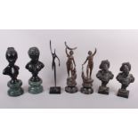 A pair of Spelter figures, "Le Commerce" and "L'Industrie", 11 1/4" high, a pair of brass busts, 8