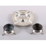 A pair of Victorian silver cauldron salts and a circular silver ashtray, 6.5oz troy approx