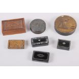 A papier-mache circular patch box, three inlaid snuff boxes and three other wooden boxes