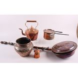 A 19th century copper warming pan, a 19th century copper kettle, a 19th century copper saucepan