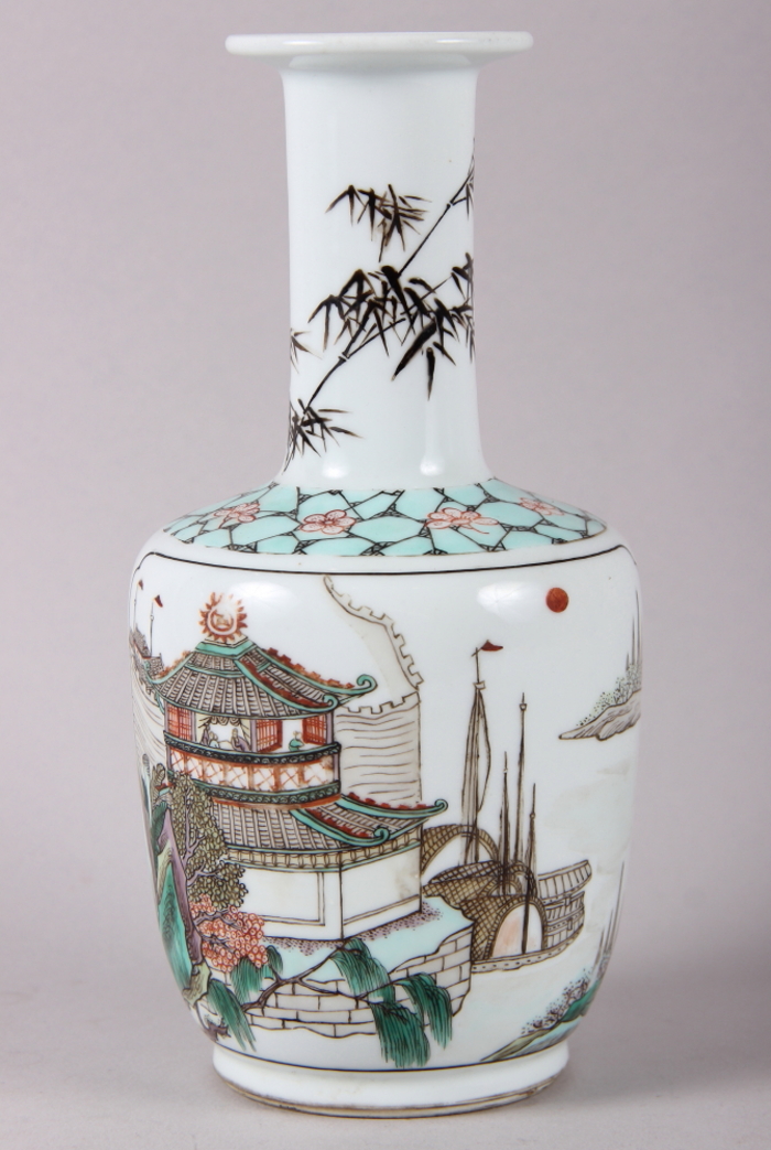 A Chinese famille vert vase, decorated pagoda and verse, 8 1/4" high