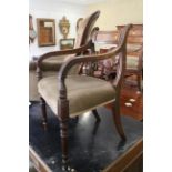 A William IV mahogany and brass inlaid tablet back carver dining chair, on turned supports, and a