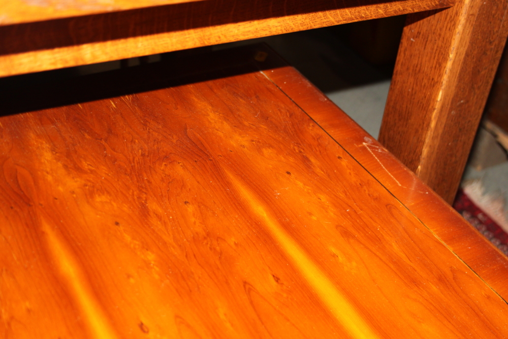 A yew wood and banded coffee table, 40" long, and a nest of three similar occasional tables, 23" - Image 7 of 8