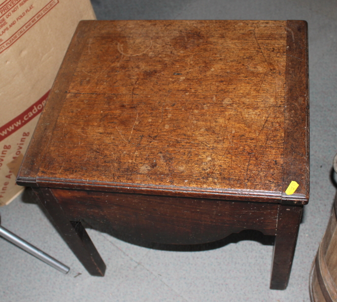 An oak side table with hinged lid, 19" wide, a miniature mahogany wine table and a mirror with