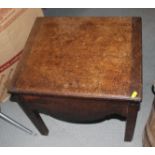 An oak side table with hinged lid, 19" wide, a miniature mahogany wine table and a mirror with