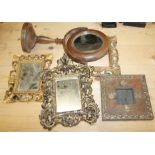 Two gilt framed mirrors, 5 1/4" x 3 1/2", two picture frames and a shaving mirror