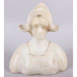 A white marble bust of a young woman, 6 1/2" high (restorations)