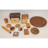 A mahogany marble solitaire board, an olive wood card box, a miniature table and other treen