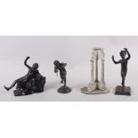 A grand tour white metal souvenir, a figure of Pan and two other figures, 4 1/2" high