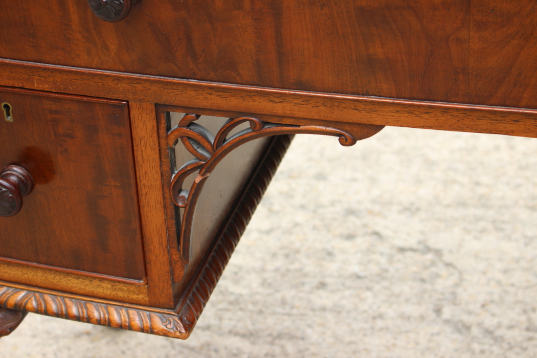 A walnut bowfront desk, fitted one long and two deep drawers, on carved cabriole claw and ball - Image 3 of 4