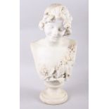 G Bertolla: an Art Nouveau design white marble bust of a woman, on circular base, 15" high (damages)